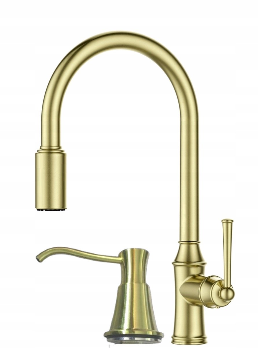 Retro Keukenkraan Goud Mat met Uittrekbare Spuit en Zeepdispenser