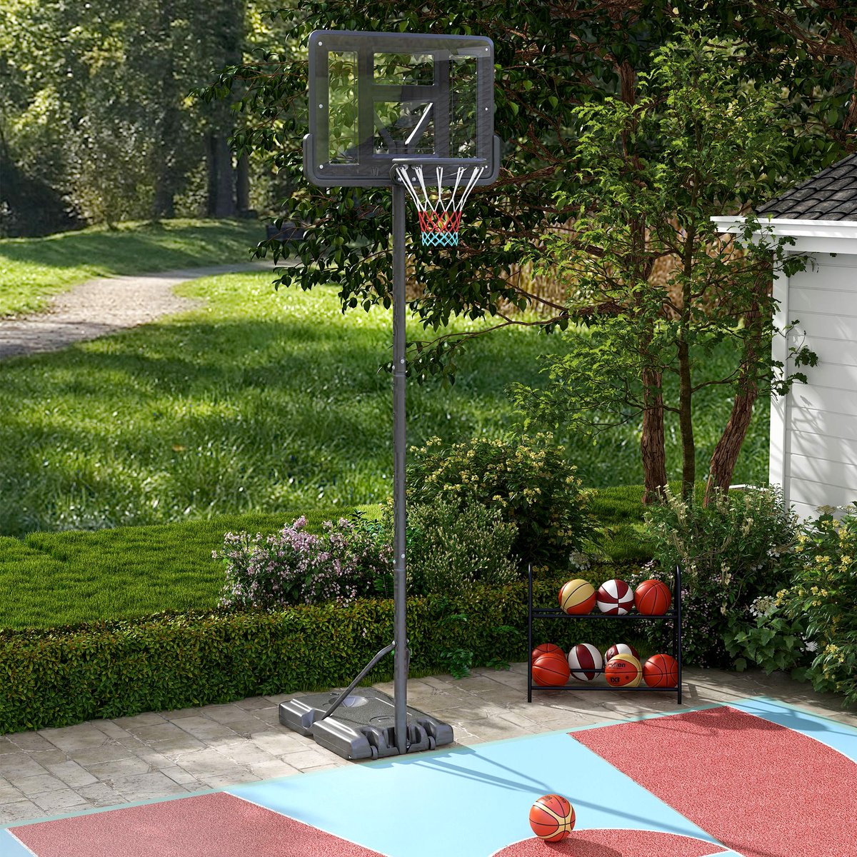 COVREO Basketbalstandaard 110 x 75 cm zwart metaal, verstelbaar en verrijdbaar