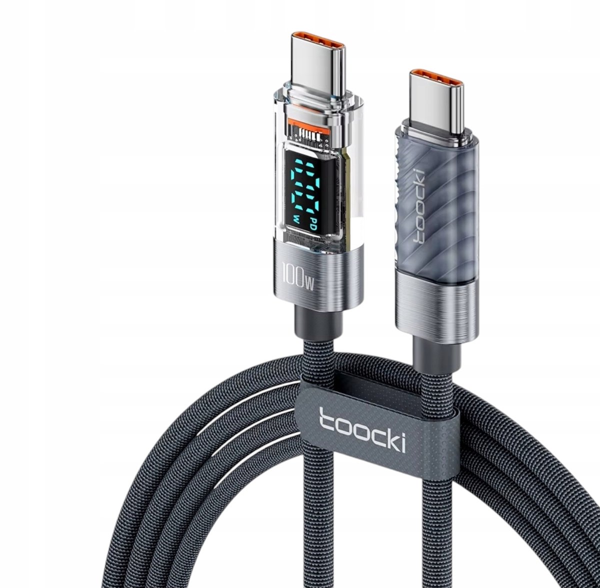 USB-C naar USB-C Kabel 2m 100W PD QC met LCD Wattmeter - Grijs