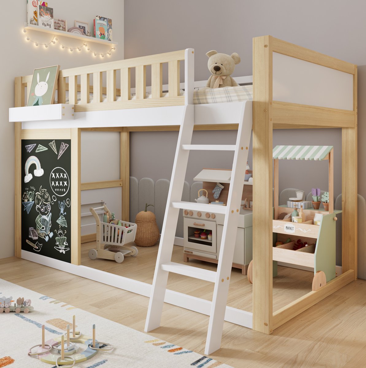 COVREO Hoogslaper met tekenbord en opbergbox – 90x200 cm – Kinderbed van grenen en MDF – voor kinderkamer – Wit/Naturel - zonder matras Wit+naturel