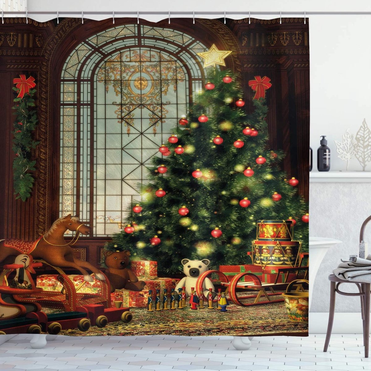 Kerstmis- Douchegordijn - Kerstboom - stoffen badkamerdecoratieset met haakjes - 175 x 180 cm - Bruin Rood Groen