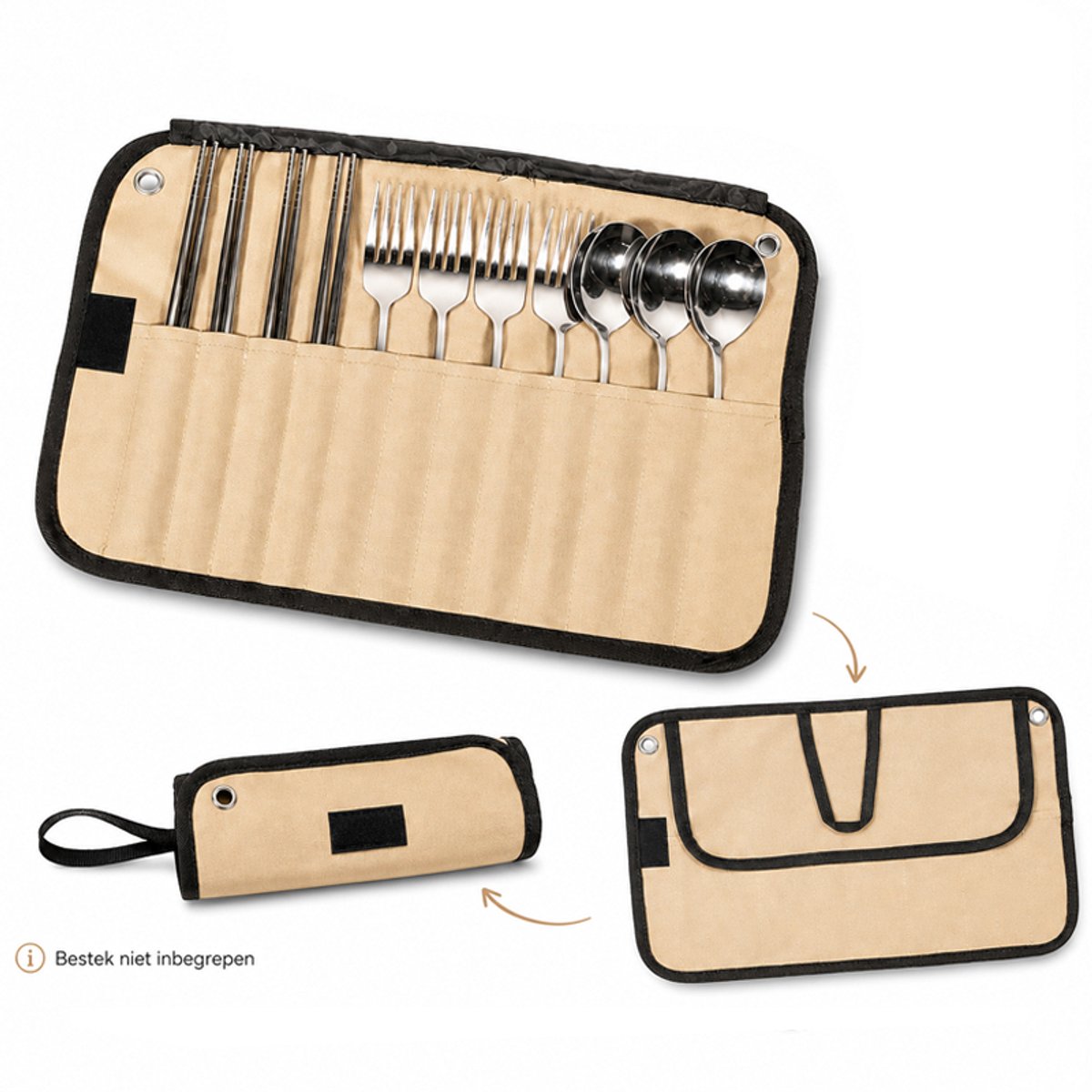 Bobypet - Bestektas - Draagbare reisbestektas van stof - Voor lepel, mes en eetstokjes - Compacte organizer voor bestek - Geschikt voor kamperen en onderweg - 25*9cm - Khaki