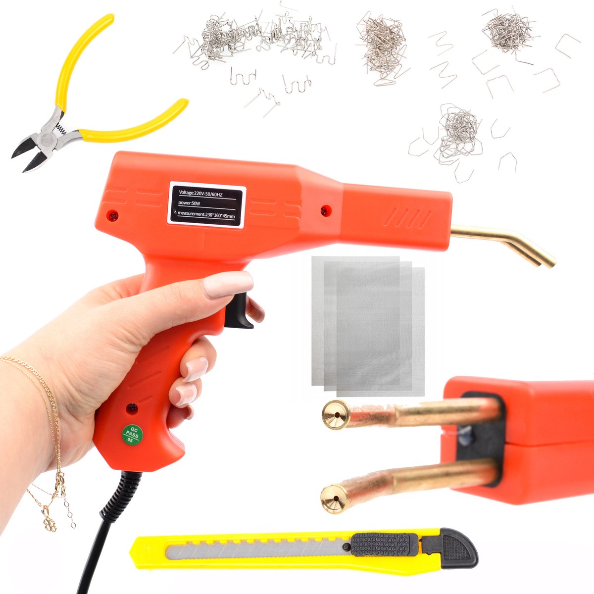 Rosfix Nietpistool Set - Voor Plastic in Koffer, 200 Nietjes, 3 RVS Netten 20x15cm - 50W 230V 750°C
