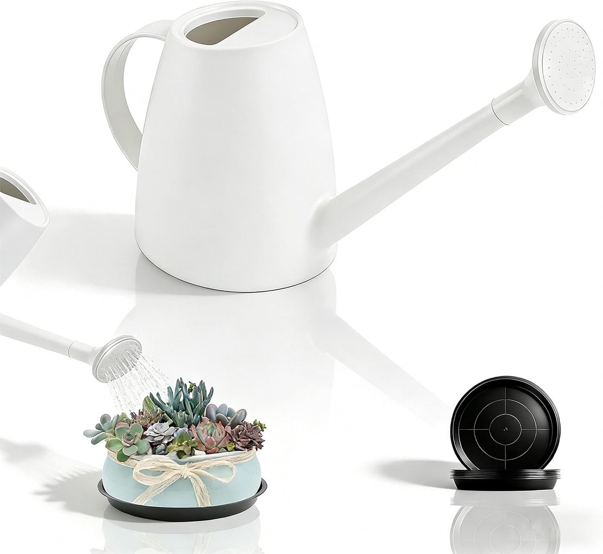 Kleine gieter 1.8 liter met lange tuit voor kamerplanten | Plastic gieter met 10 zwarte onderzetters voor bloemen, balkon, vetplanten en potplanten