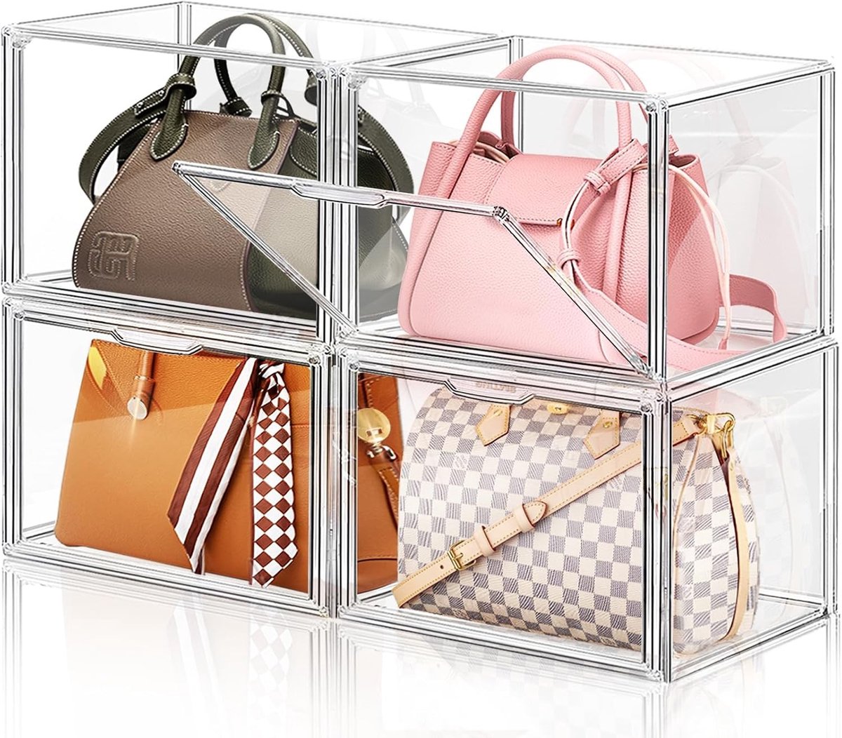 Ruimtebesparende Handtasopberger - Set van 4 Transparante Plastic Organizers, Stapelbare Dozen met Magnetische Deur voor Efficiënte Opberging van Tassen