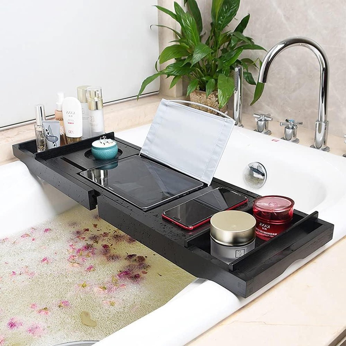 Uitschuifbaar Badrek - Bad Accessoires - Ontspannen Baden - Natuurlijk Bamboe - 70 tot 105 cm - Zwart
