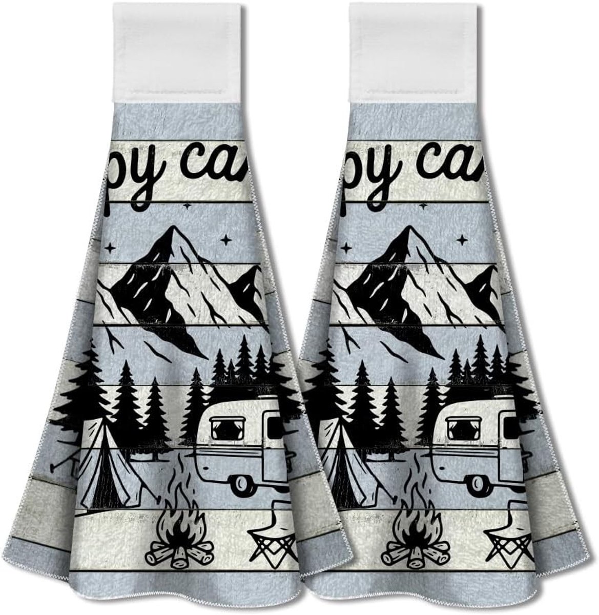 SnelShoppen - Set van 2 Hangende Theedoeken met Lussen, Happy Camper Microvezel, Zacht en Absorberend, Decoratief met Grappige Zinnen voor Keuken en C