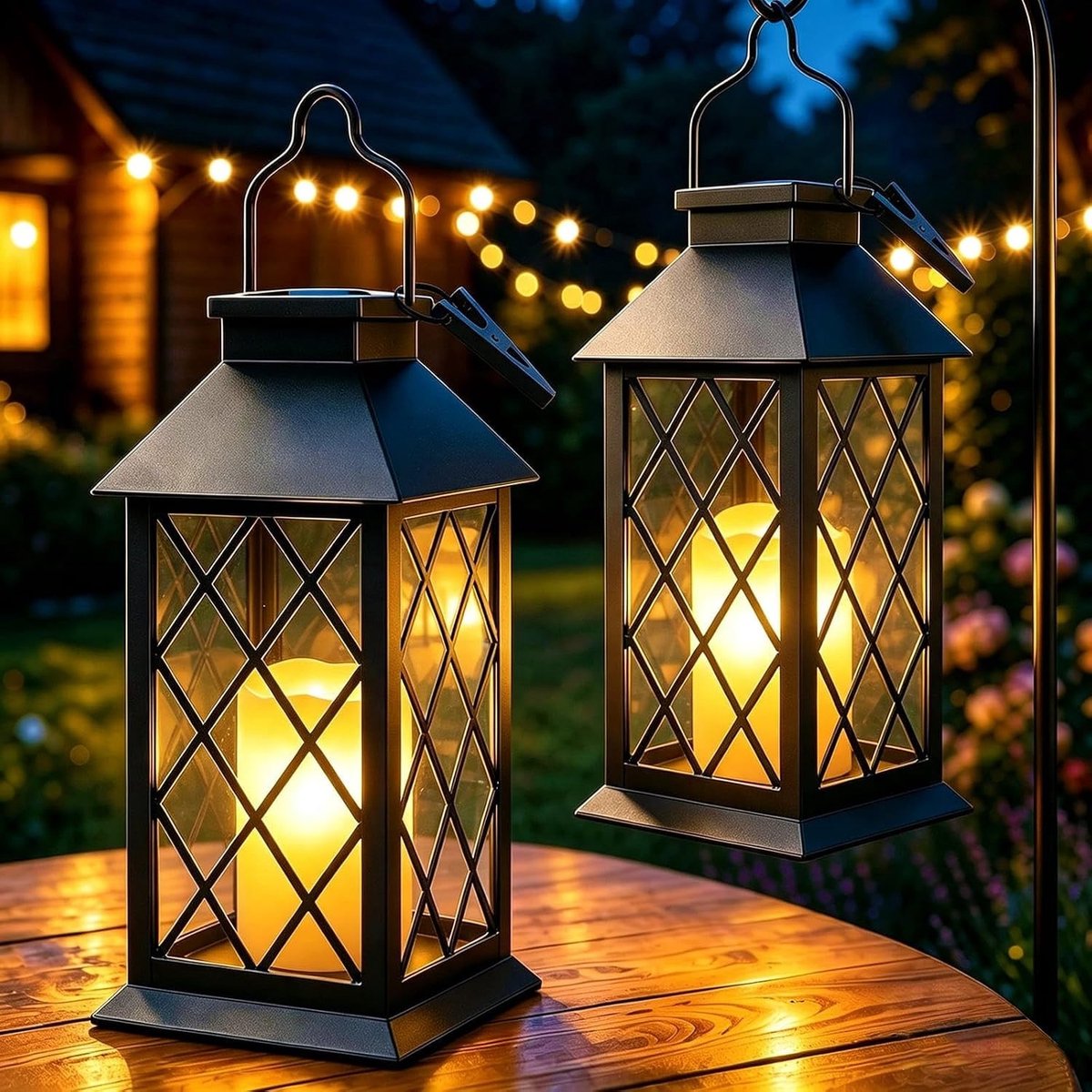 Set van 2 Weerbestendige Zonne-Lantaarns van 22 cm met Flikkerende Kaarsen voor Buiten, Perfect voor Balkon en Terras