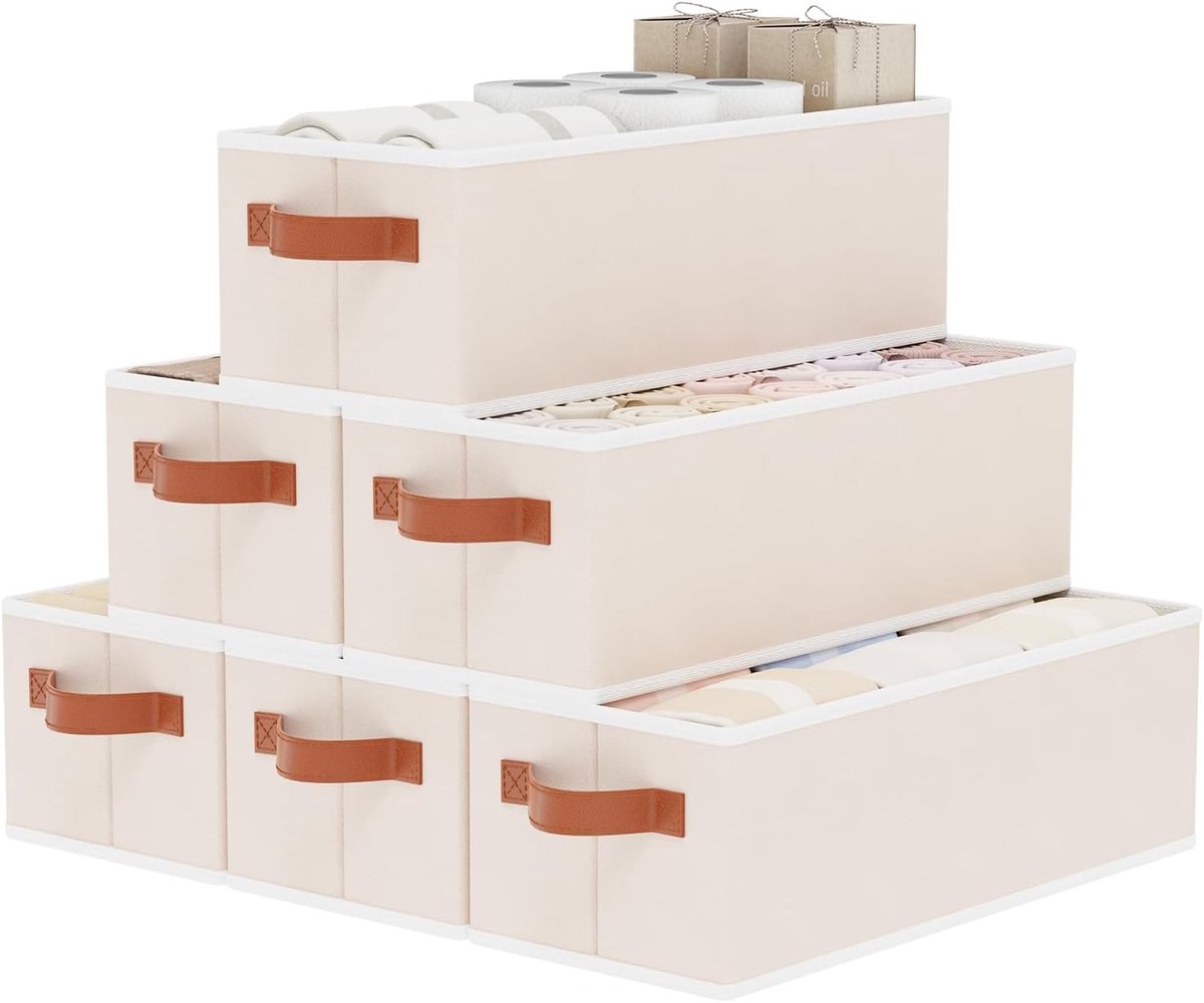 Set van 6 Opvouwbare Opbergmanden met Handvat, Ideaal voor Kleding, Badkamer en Keuken, 38 x 15.5 x 13 cm, Beige