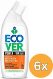 Witte Ecover WC-reiniger fles met groene en blauwe letters 'ECOVER POWER 10X'. Lemon & Orange. 6x voordeelverpakking.