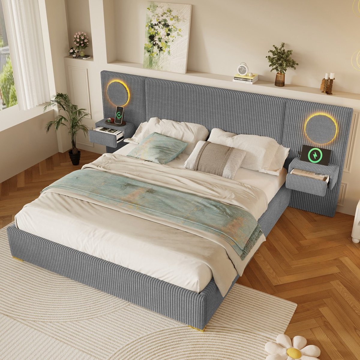 Pugsdrly 180x200 cm gestoffeerd bed van fluweel met LED-hoofdeinde, USB-aansluitingen en nachtkastjes met lades, GRIJS