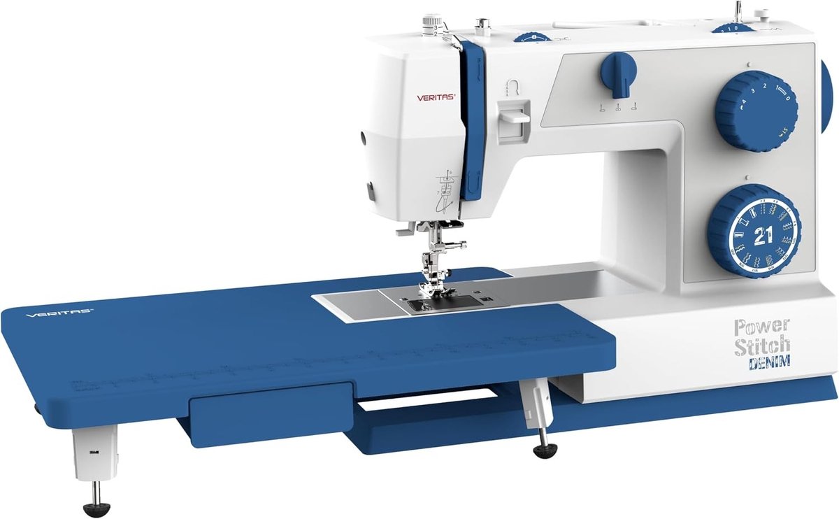 Kindernaaimachine - Denimblauw - Met XXL-aanschuiftafel en voetpedaal - Met verstelbare naaivoetdruk en vrije arm - Voor jeans, leer en fijne stoffen