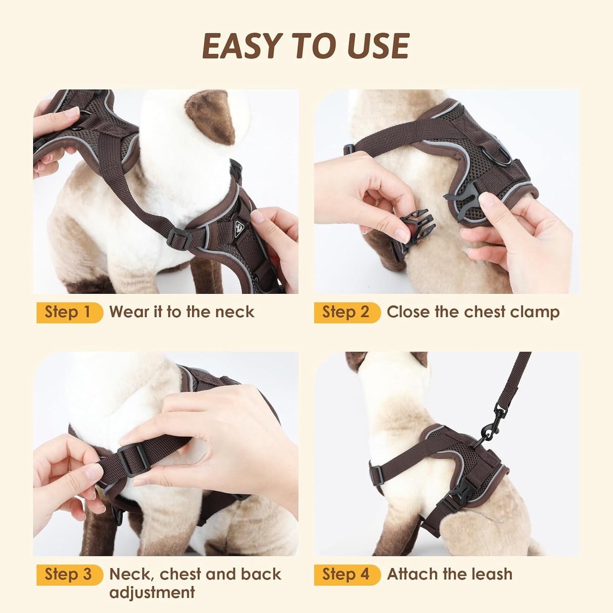 Kattenharnas - Koffie - Small - Ademend Mesh Materiaal - Verstelbaar en Reflecterend - Voor Kittens en Kleine Katten
