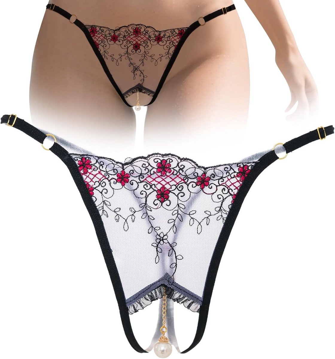 Verleidelijke thong met parelpendant, kanten slip-ouvert, lage taille, sexy V-string slipjes, erotische lingerie voor vrouwen, perfect voor speciale gelegenheden en romantische avonden