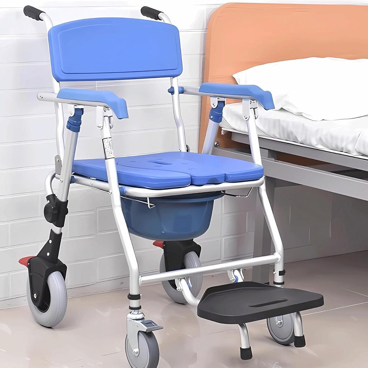 Commode Toiletstoel - Douchestoel Rolstoel - Ondersteuning Thuiszorg - 4-in-1 Multifunctioneel - Opvouwbaar - Grijs