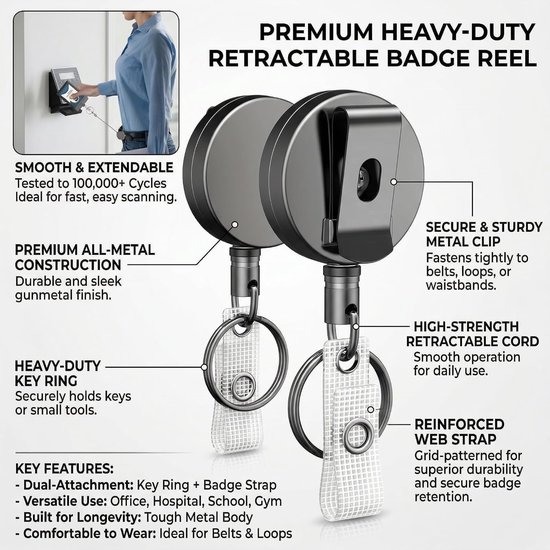 Heavy Duty Metalen Intrekbare Badge Reel - 2 Stuks ID-Kaarthouder, Sleutelhanger, Roestvrijstalen Veerspoel en 70 cm Nylon Touw met Riemclip — afbeelding 4