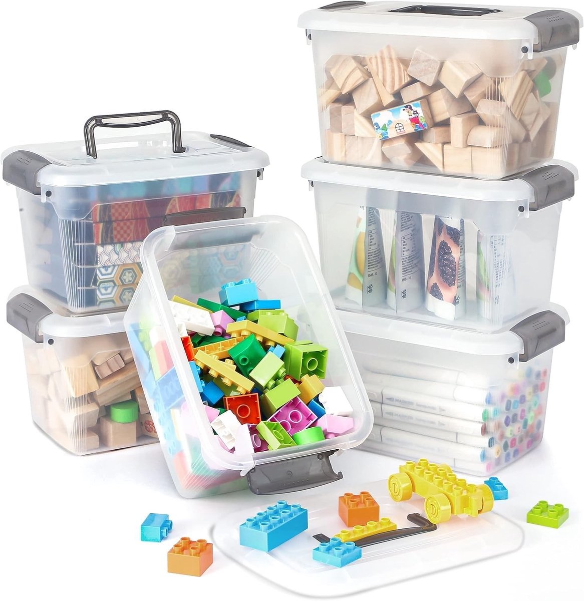 Set van 6 Stapelbare Opslagdozen van 5L met Handvat en Deksel, Transparante Plastic Dozen voor Kleine Onderdelen, Robuust en Elastisch, 27.7 x 19.5 x 16.5 cm