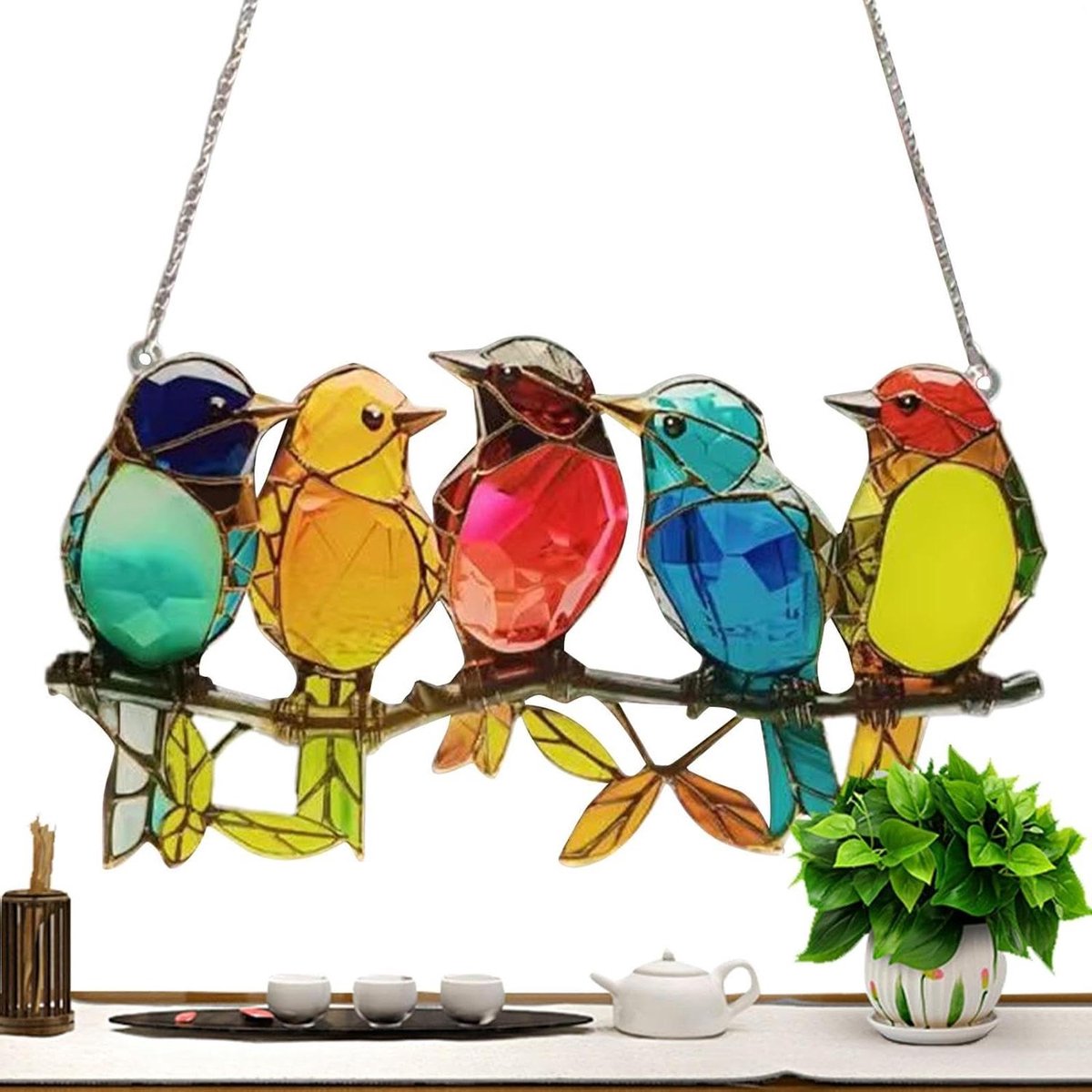 Raamornament Vogels - Hanger Decoratie - Kleurrijk Versieren - Onbreekbaar Acryl - 254 cm - Regenboogkleurig