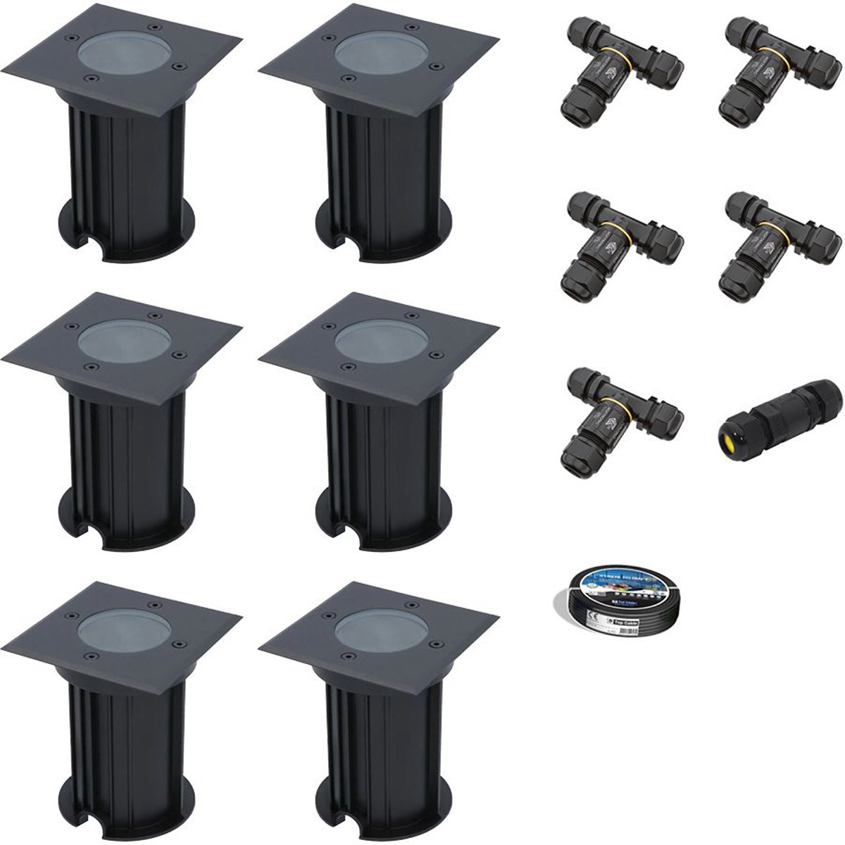 Set van 6 Ramsay LED Grondspots - Vierkant - Dimbaar - GU10 - Excl. Lichtbron - Tuinspot - Zwart - IP67 waterdicht - Overrijdbaar voor de Oprit, Tuin en Terras - Inclusief installatiemateriaal (Kabel & connector)