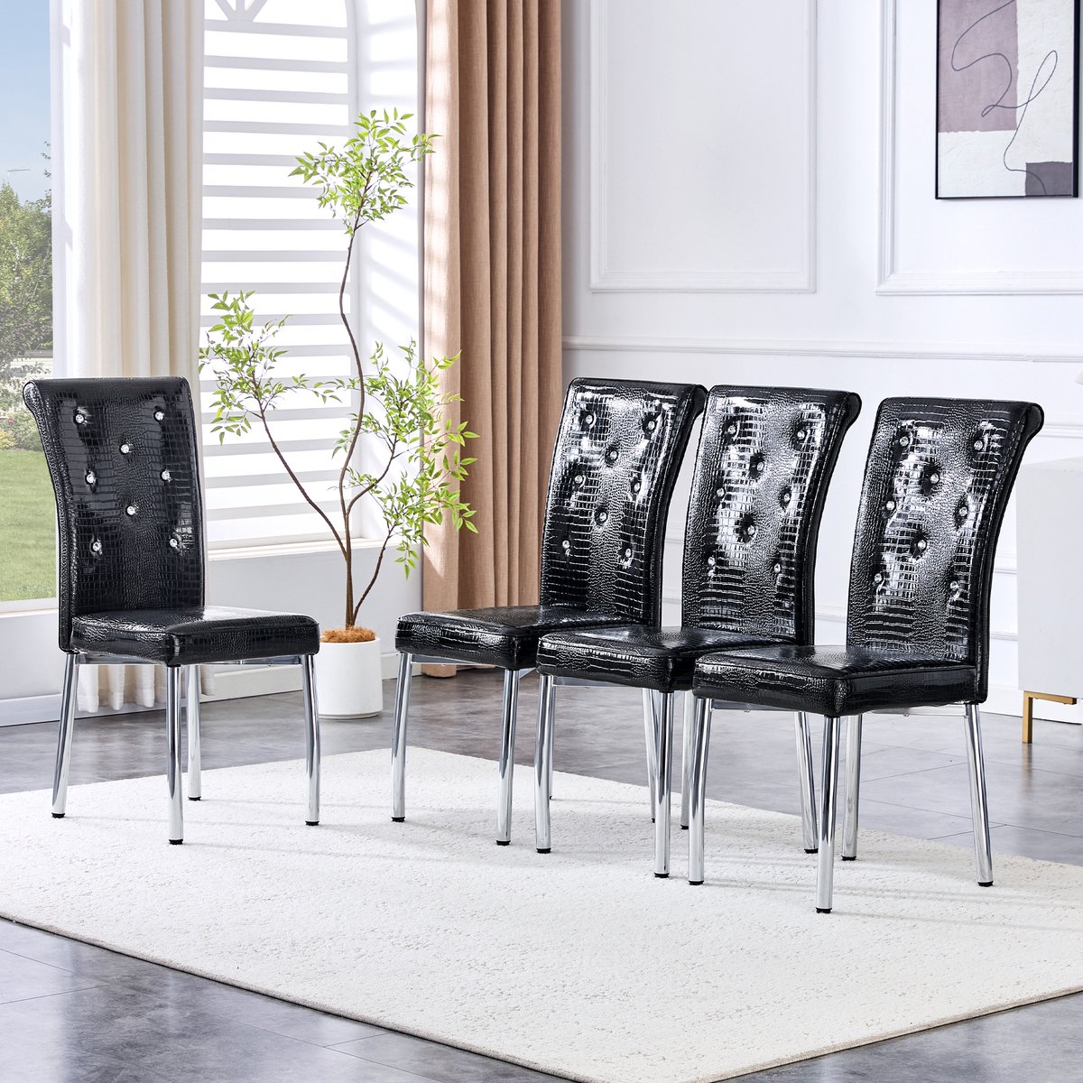 FloraGrace Eetkamerstoel - Retro Alligatorprint Design - Set Van 4 - Kunstleer Met Metalen Poten - Zwart - Voor Eetkamer Of Horeca
