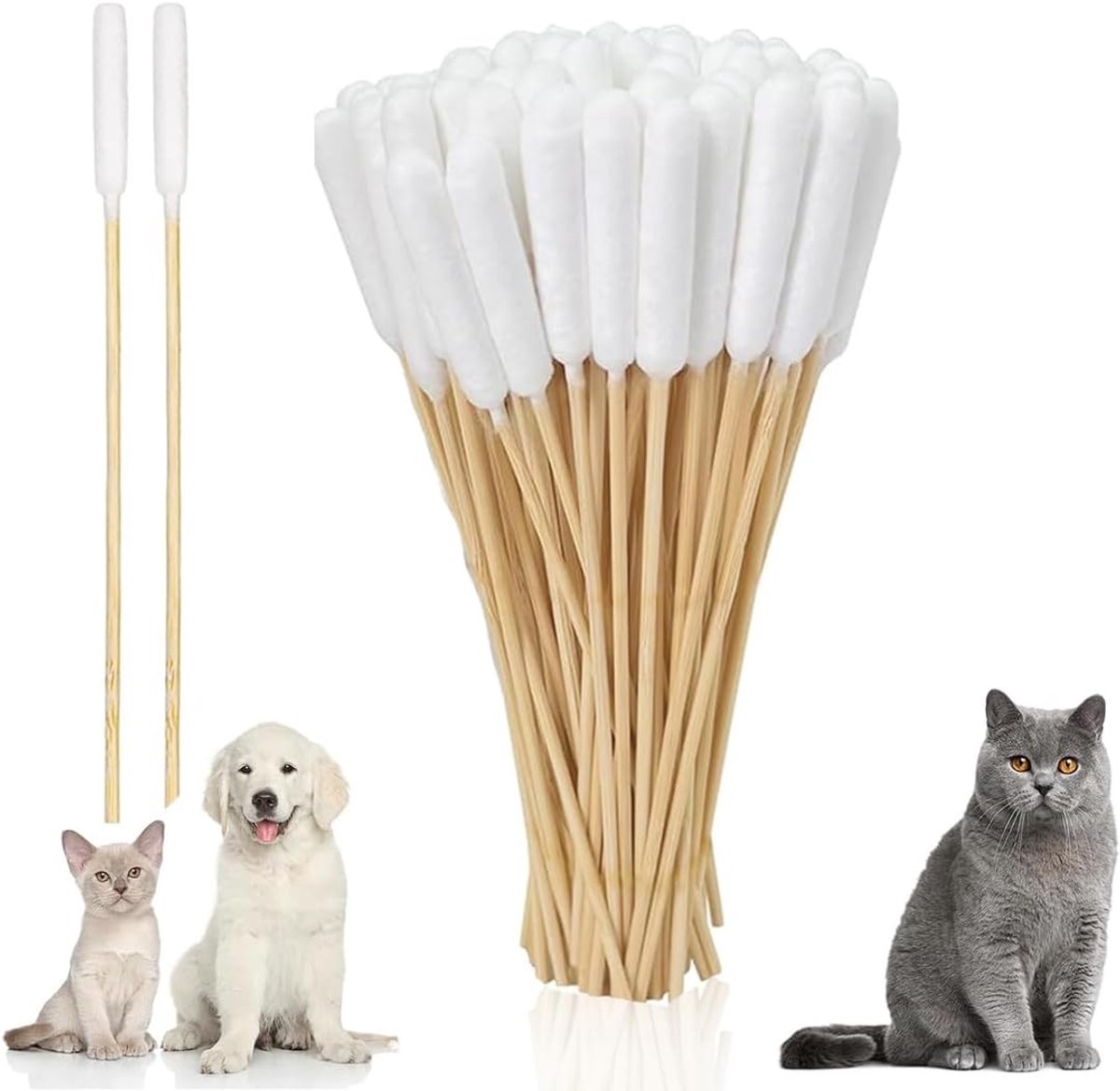200 Stuks Lange Wattenstaafjes met Opbergdoos, Ideaal voor Oorreiniging van Huisdieren, Katten en Honden, 15 cm