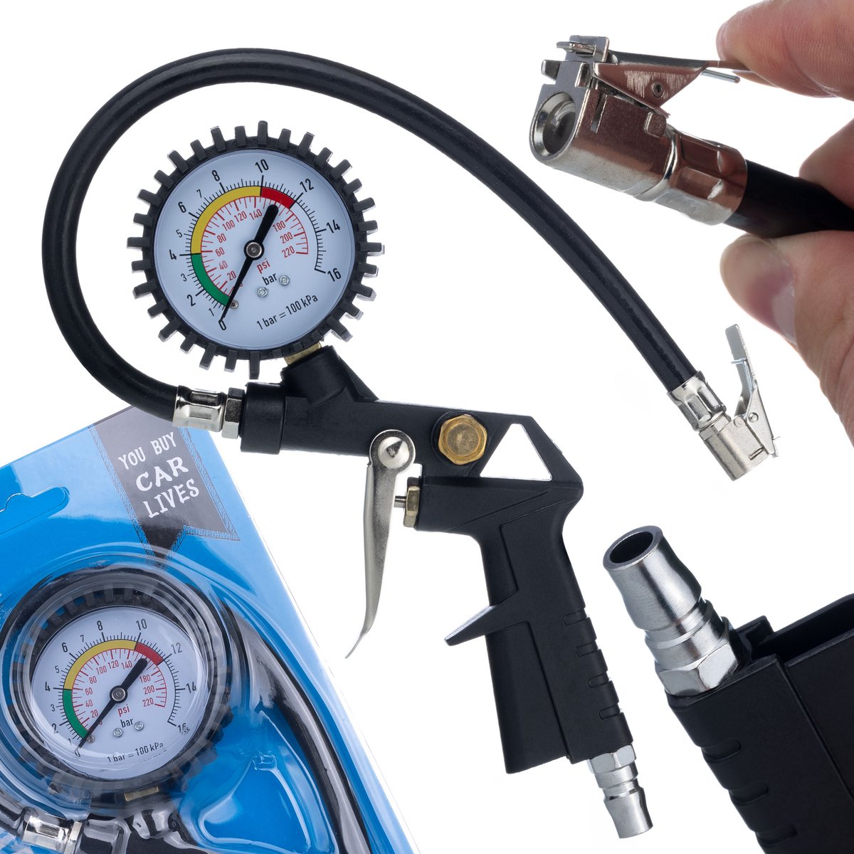 Rosfix Luchtpistool Spuitpistool met Manometer 0–16 Bar - Aluminium, 35 Cm Slang