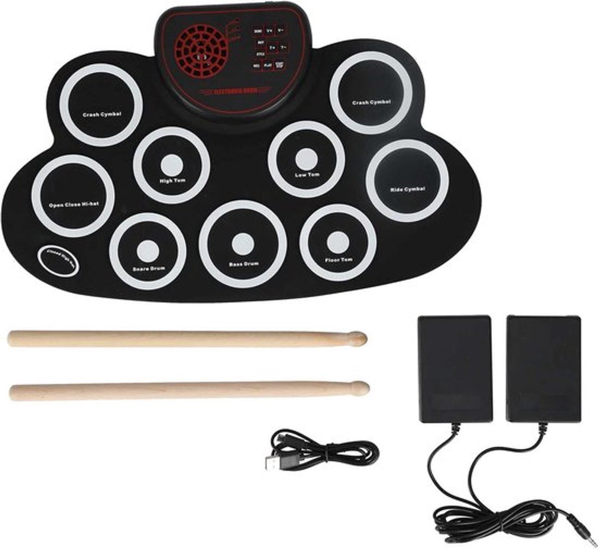 Oprolbare Drumset met 9 Pads, Inclusief Stokken en Pedalen