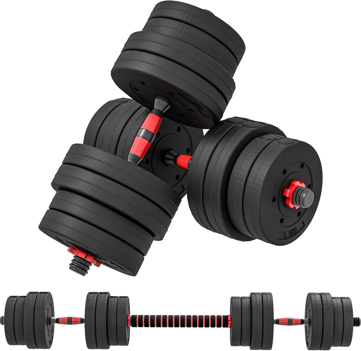 2 - in - 1 halterset 30 kg - verstelbare korte halter en professionele halter voor krachttraining - zwart