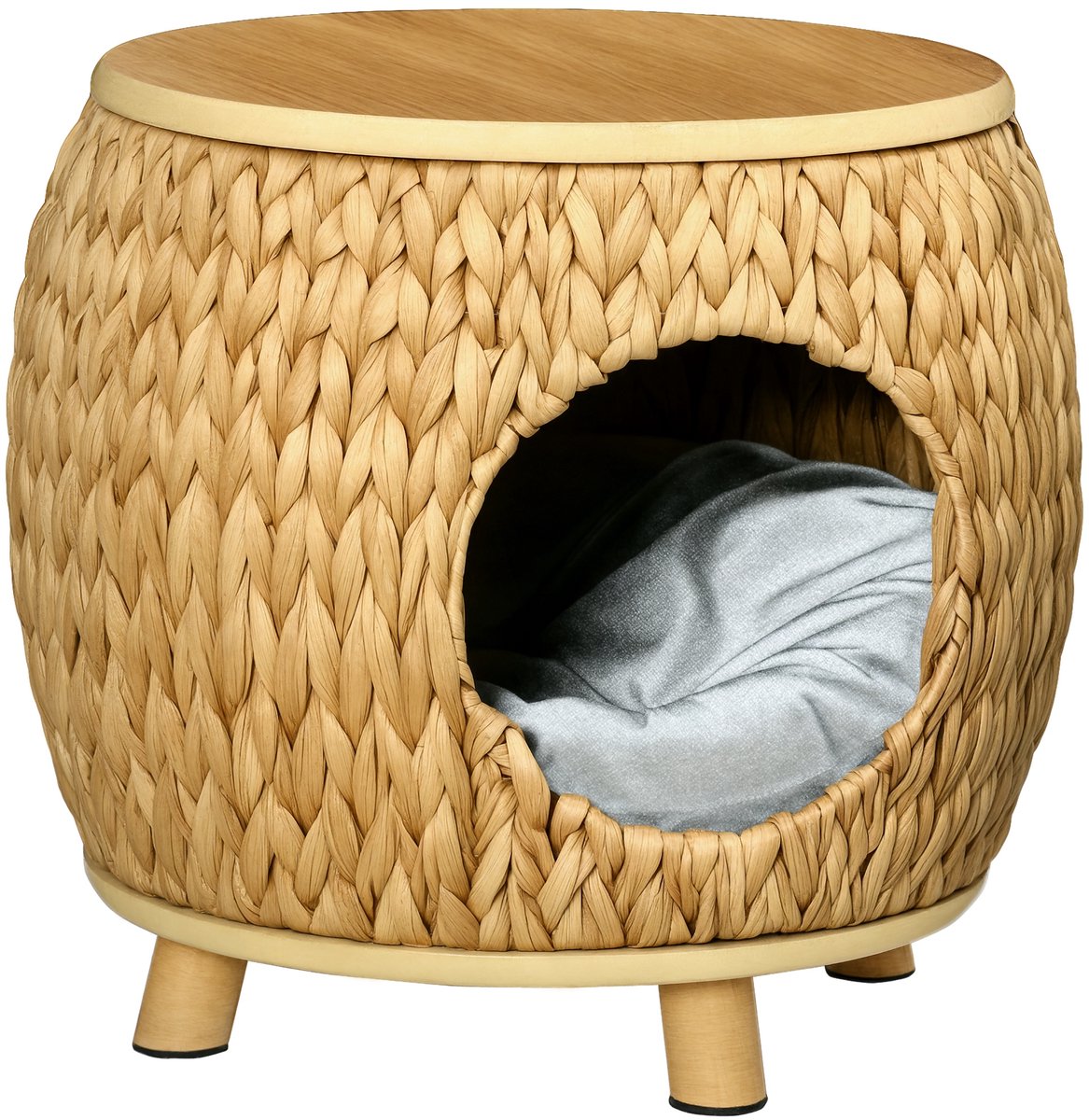 Kattenmand van waterhyacintgras - wasbaar kussen - 44 cm x 43 cm x 42 cm - lichtbruin + natuurlijk hout + grijs