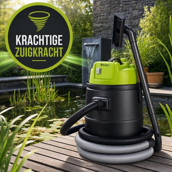 Zwarte vijverstofzuiger met groene deksel, op een houten vlonder bij een vijver. Met tekst 'Krachtige zuigkracht'.