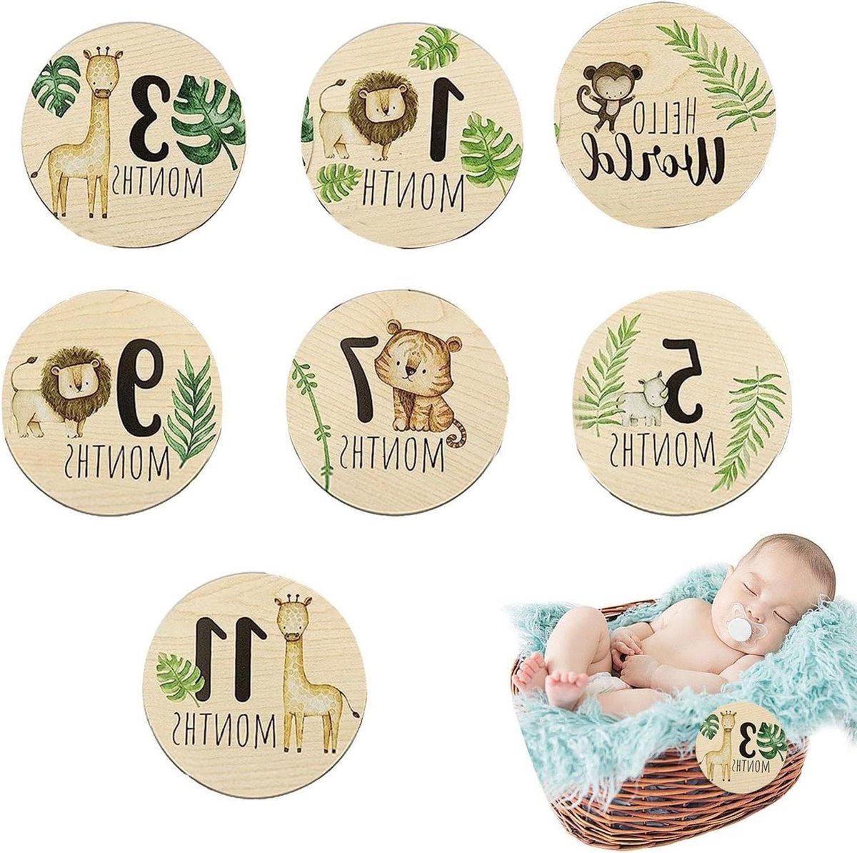 Babymijlpaalkaarten Hout - Houten Kaarten Baby - Herinneringen Vastleggen - Dubbelzijdig Bedrukt - 7 stuks - Niet gespecificeerd