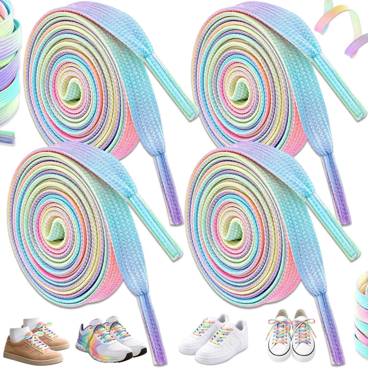 Omgoods - 4 Paar Kleurrijke Platte Regenboog Veters van 120 cm