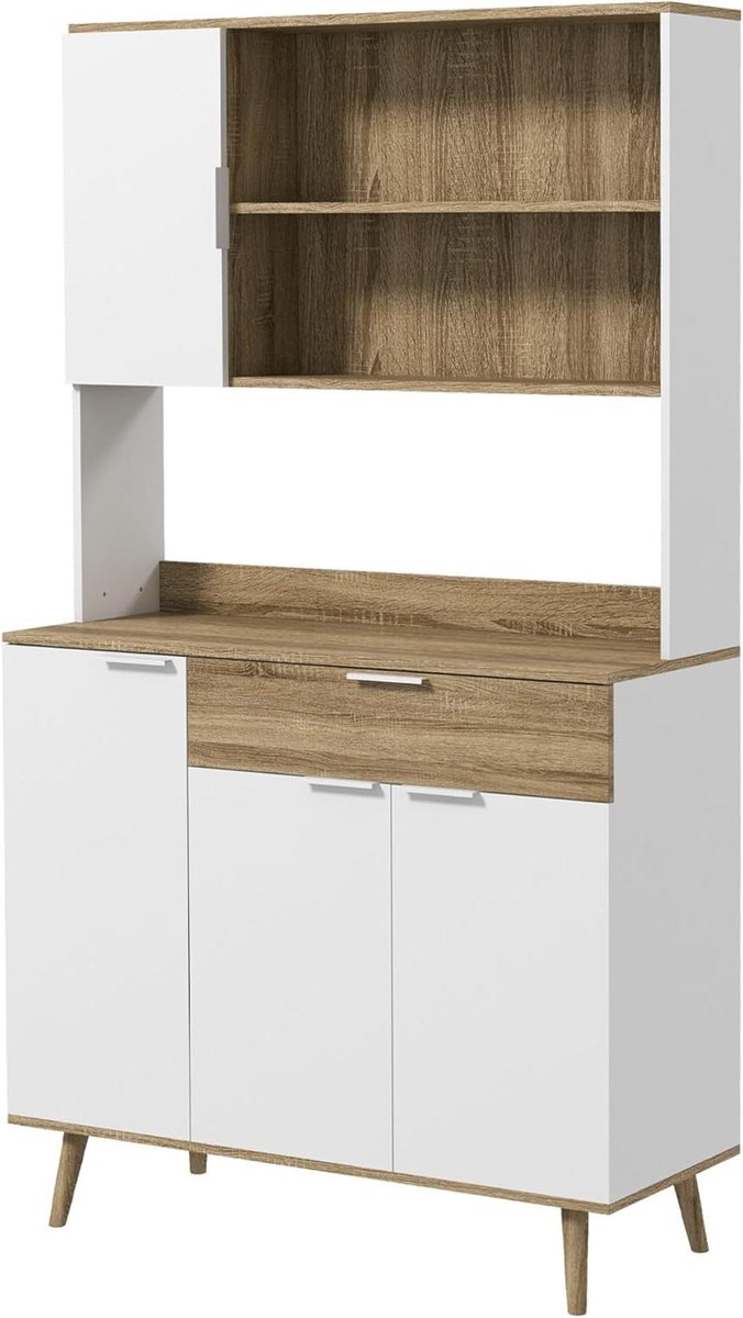 Keukenkast - Buffetkast Dressoir - Keuken Opbergen - Verstelbare Planken - 98x39x180 cm - Wit Natuurlijk