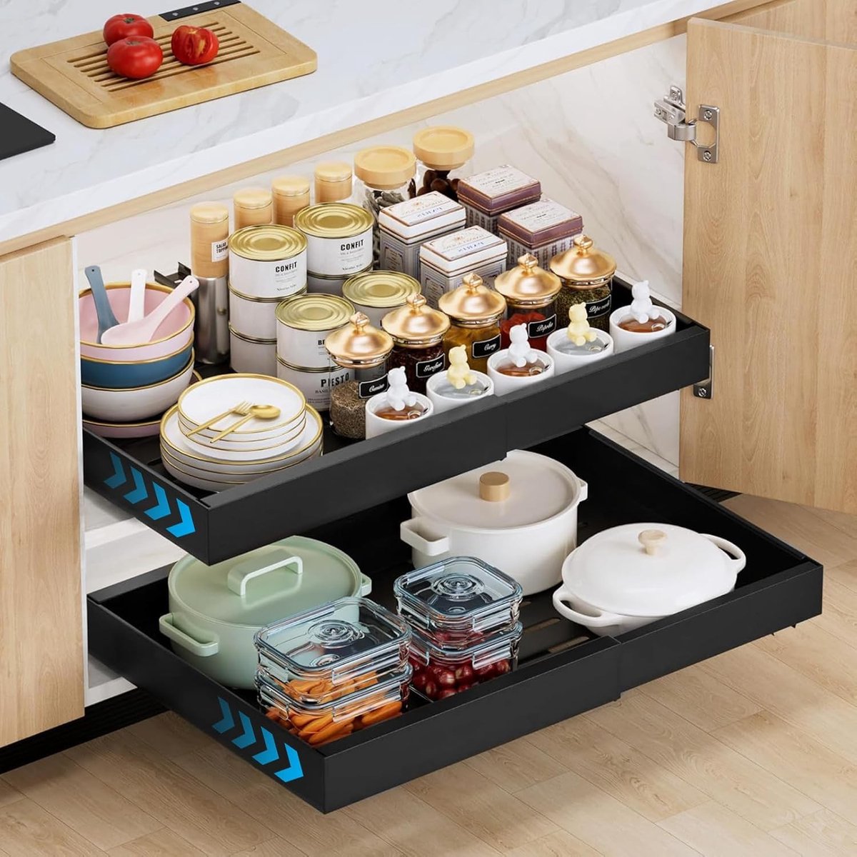 Gootsteenkast organizer uitrekbaar - Zwart - 32-52 cm - Telescopische lade van koolstofstaal - 2 stuks