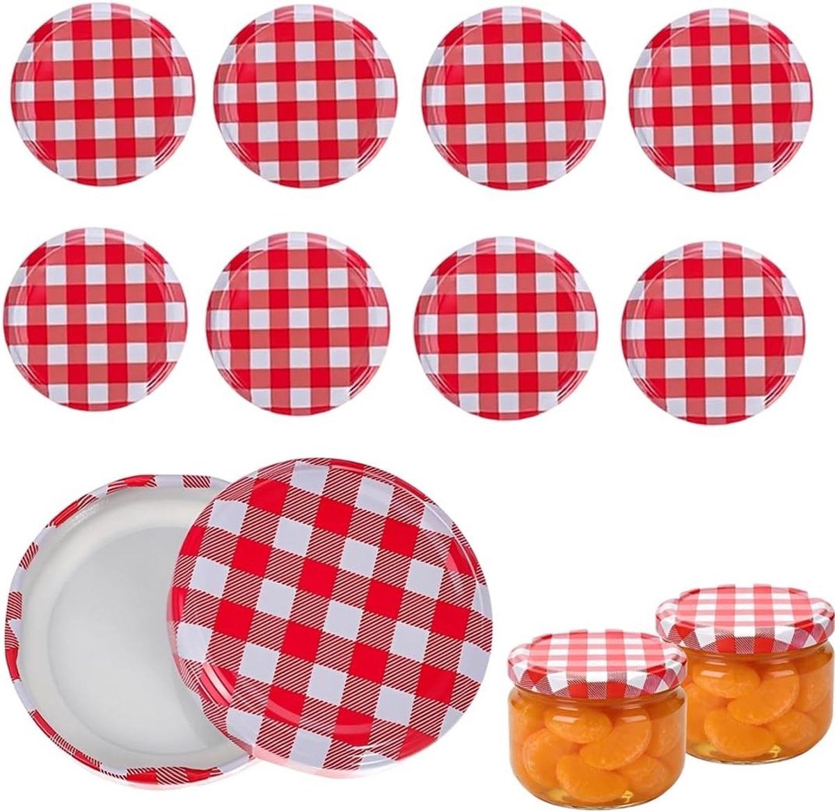 Set van 10 herbruikbare deksels tot 82 mm van rood-wit geruit metaal voor glazen potten, jam en voedselopslag, ideaal voor conserveren en koken