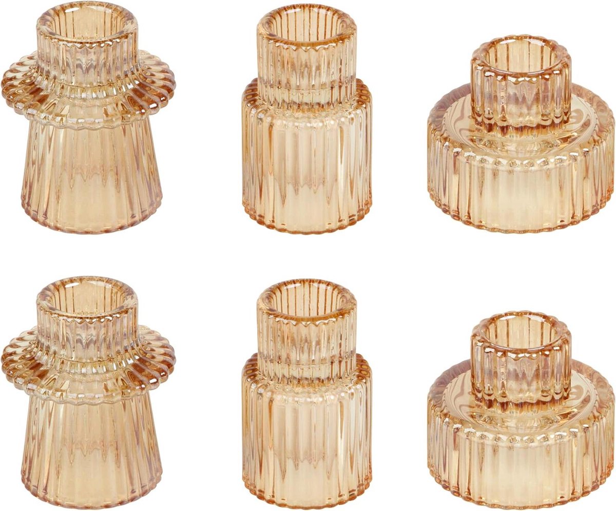 Glazen Kandelaars - Theelichthouders Set - Sfeervol Dineren - Verticale Strepen Design - 6 Stuks - Goud