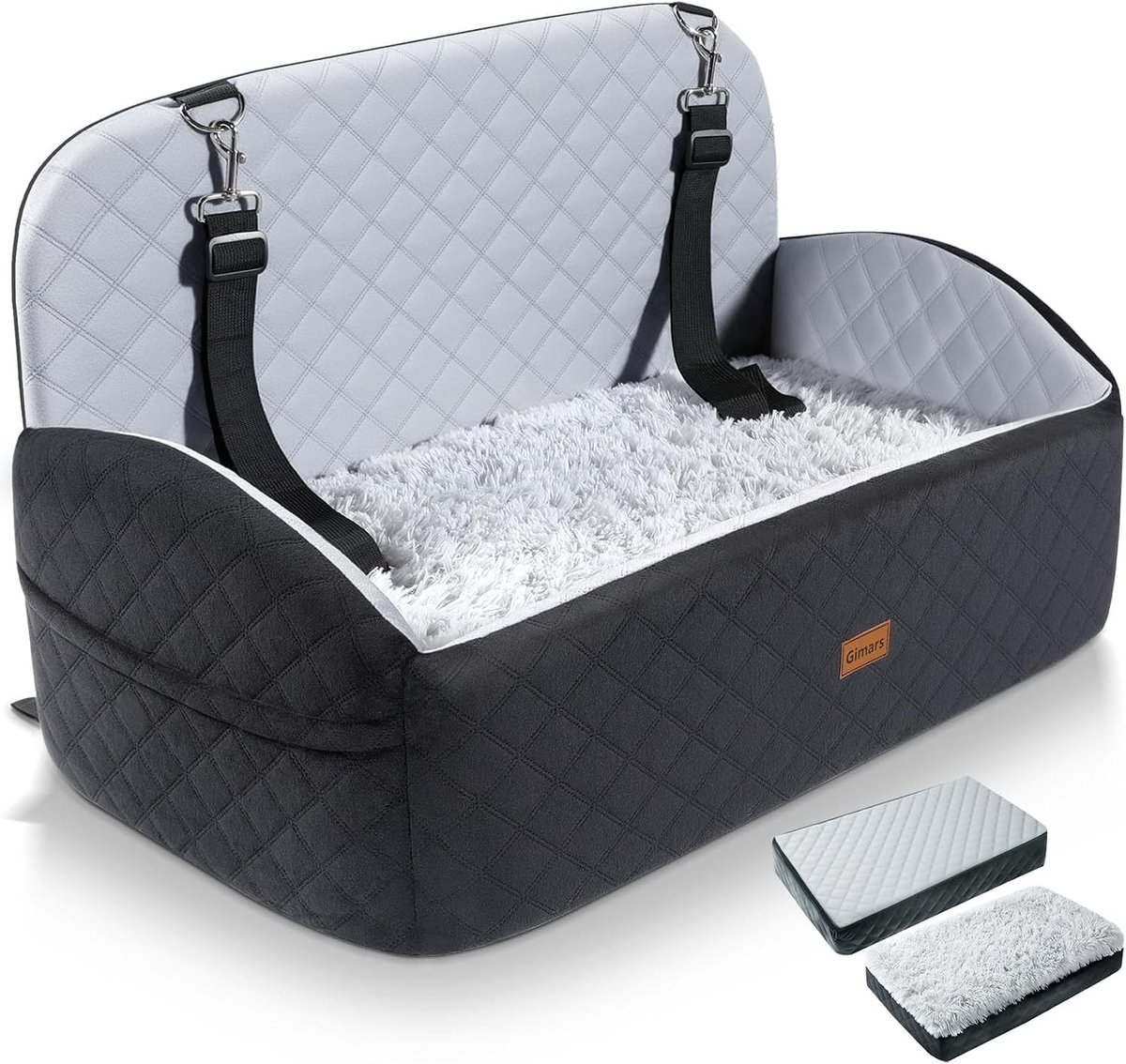 Hondenmand auto - Zwart & grijs - 76 x 48,8 x 13 cm - Omkeerbare Pluche Verhoger met Geheugenschuim - Voor Kleine en Middelgrote Honden