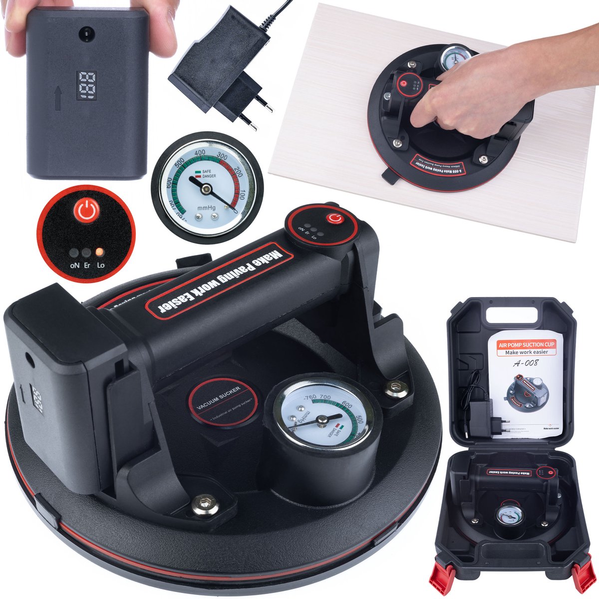 Rosfix Accu Zuignap - Zuignap met Slimme Drukindicator en Manometer - 200 kg, Ø200 mm, 3,6V 1500mAh