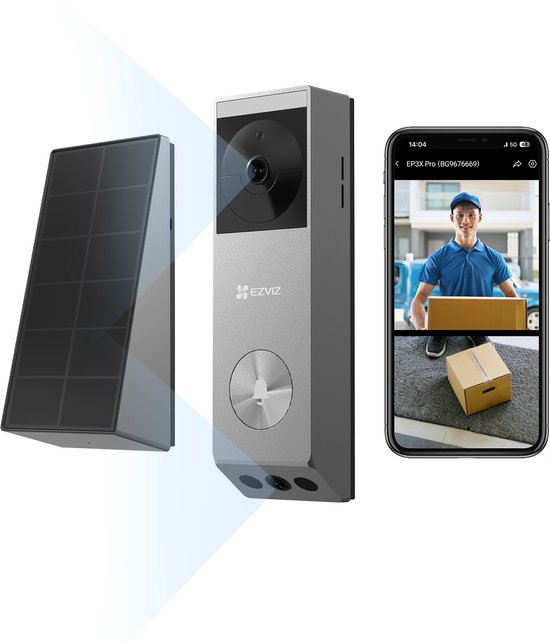 Een deurbel met zonnepaneel en een smartphone die live videobeelden van een bezorger toont.