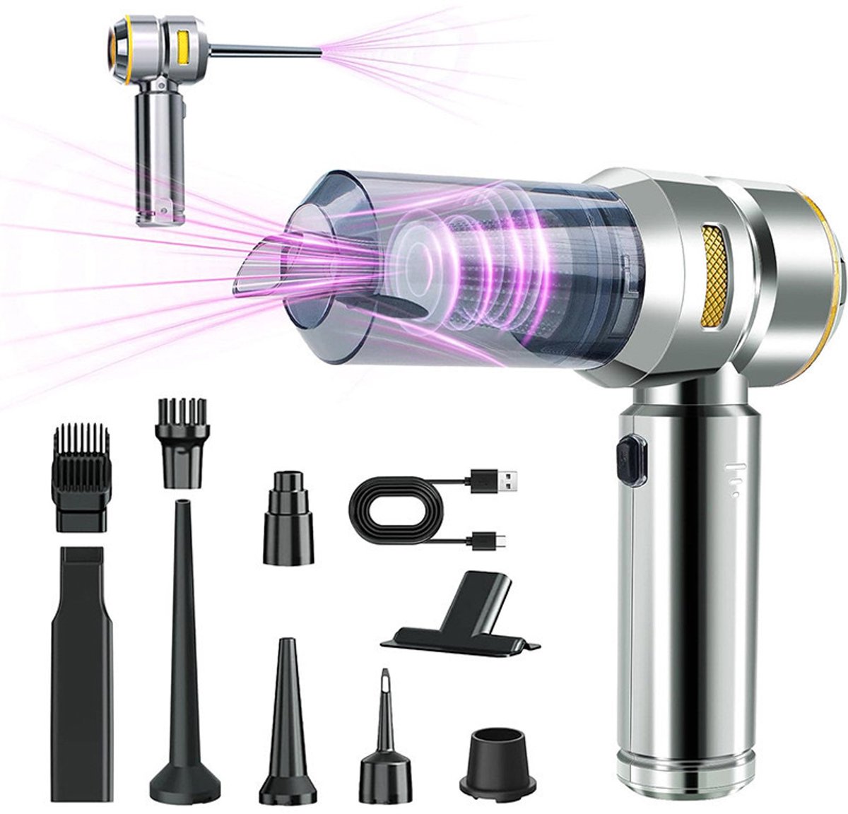 Mini Auto Stofzuiger,22000PA 4-in-1 snoerloze handheld stofzuiger met Brushless Motor Built-in 6000mAh batterij Type C Air Duster & Air Blower & pomp voor auto, kantoor