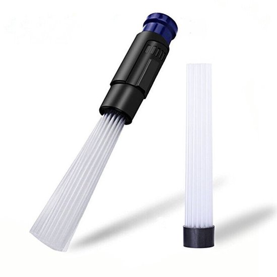 Set van twee stofzuigeraccessoires: een flexibele zuigmond met blauwe dop en een platte buis met zwarte dop.