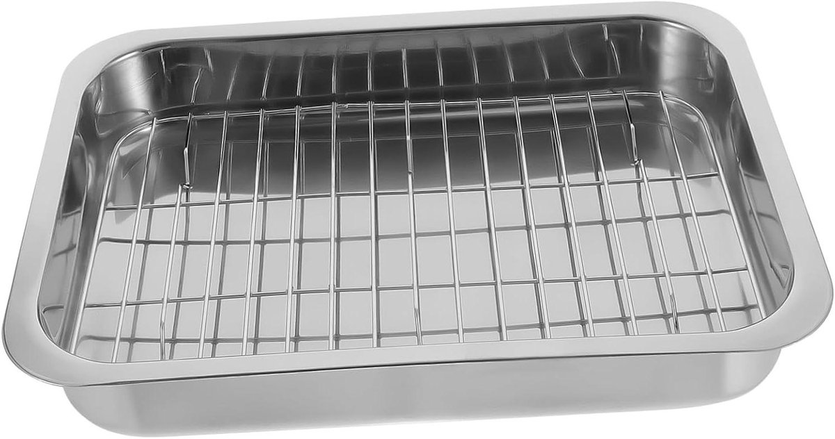 Bakvorm en Koelrek Set - Ovenschaal Rechthoekig - Bakken en Braden - Roestvrij Staal - 36x26x6cm - Zilver