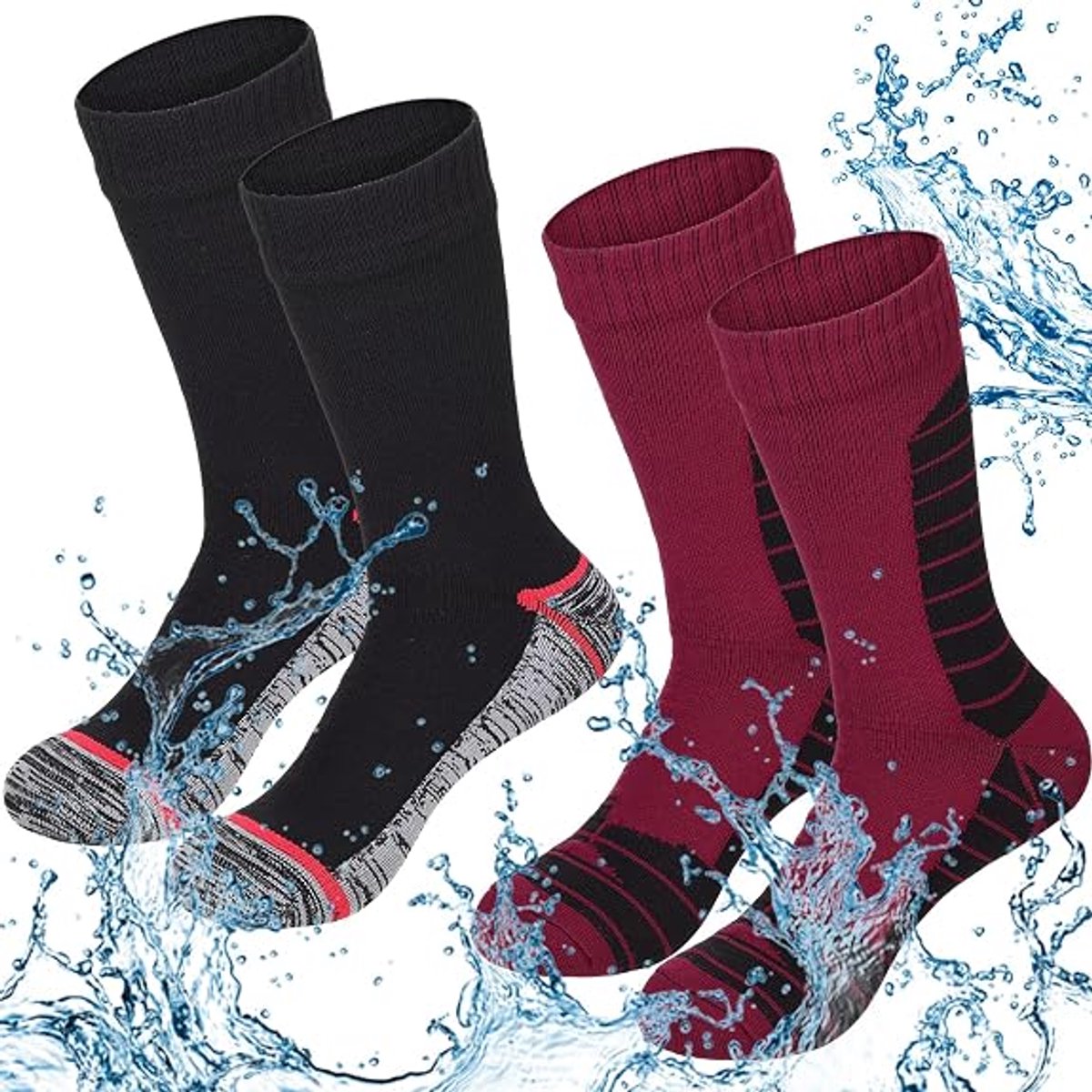 Ulisem - Waterdichte sokken - 2 paar - unisex voor mannen en vrouwen - warm winddicht - voor skiën wandelen vissen kamperen hardlopen - zacht elastisch ademend - van microvezel en nylon - machinewasbaar tot 40°C - buitensport sokken - M - ZwartRood