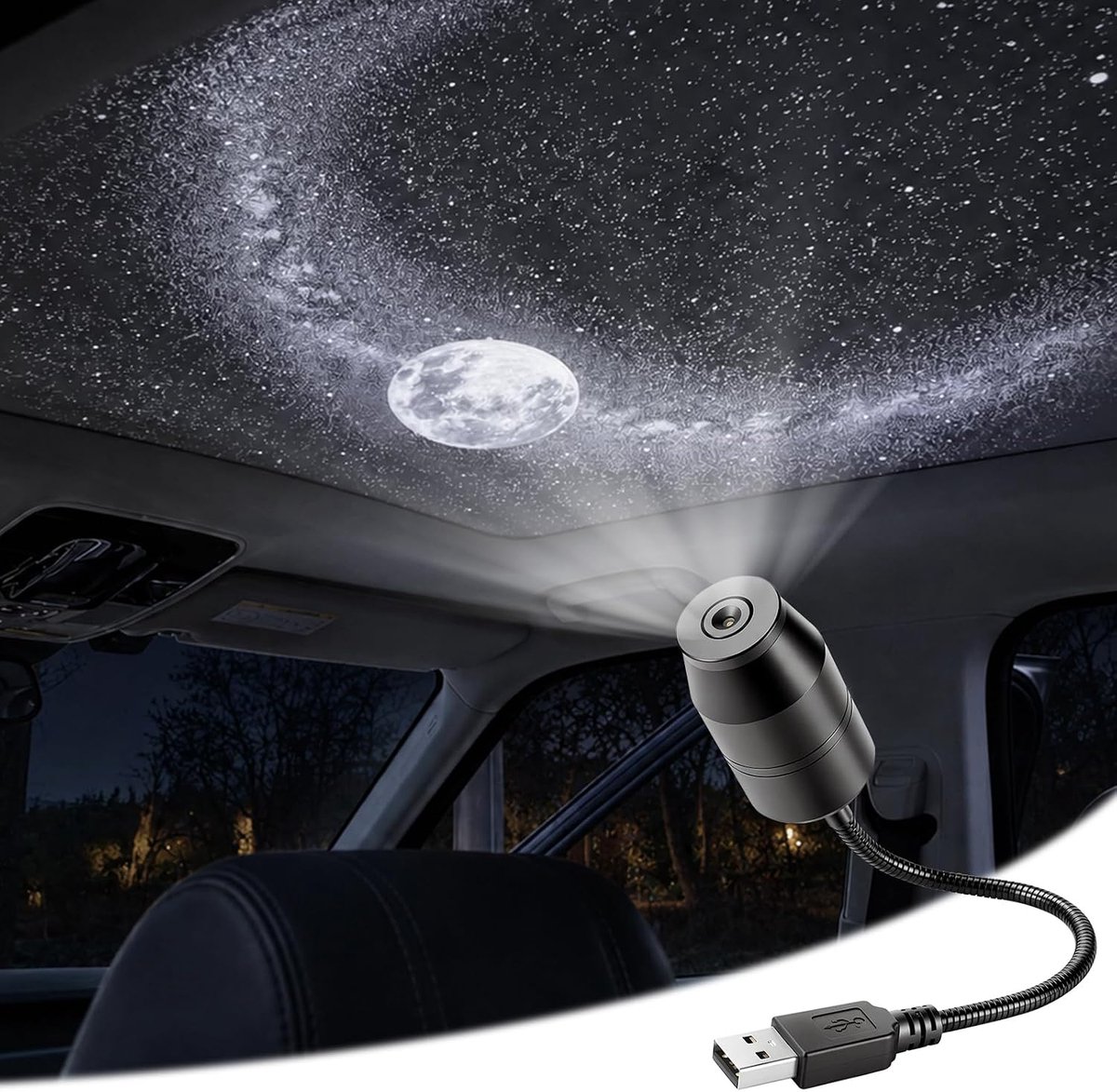 Sterrenprojector met Maan, HD Nachtlampje, 360° Verstelbare USB‑gevoede Sterrenhemel Projector voor Plafond, Slaapkamer en Auto, Decoratie & Cadeau