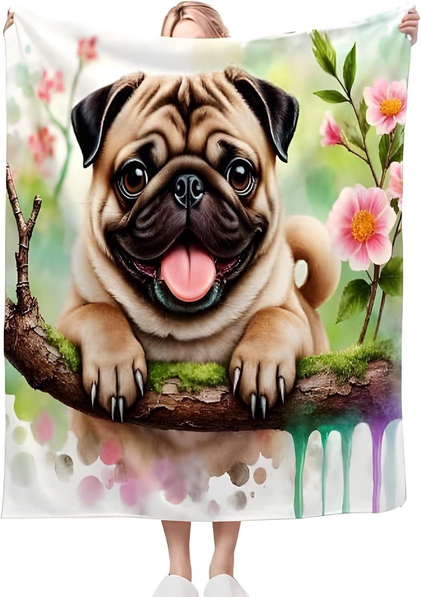 Knuffeldeken Mopshond - Fleece Deken - Gezelligheid Thuis - Uniek Printpatroon - 220x240 cm - Bloementak Mops