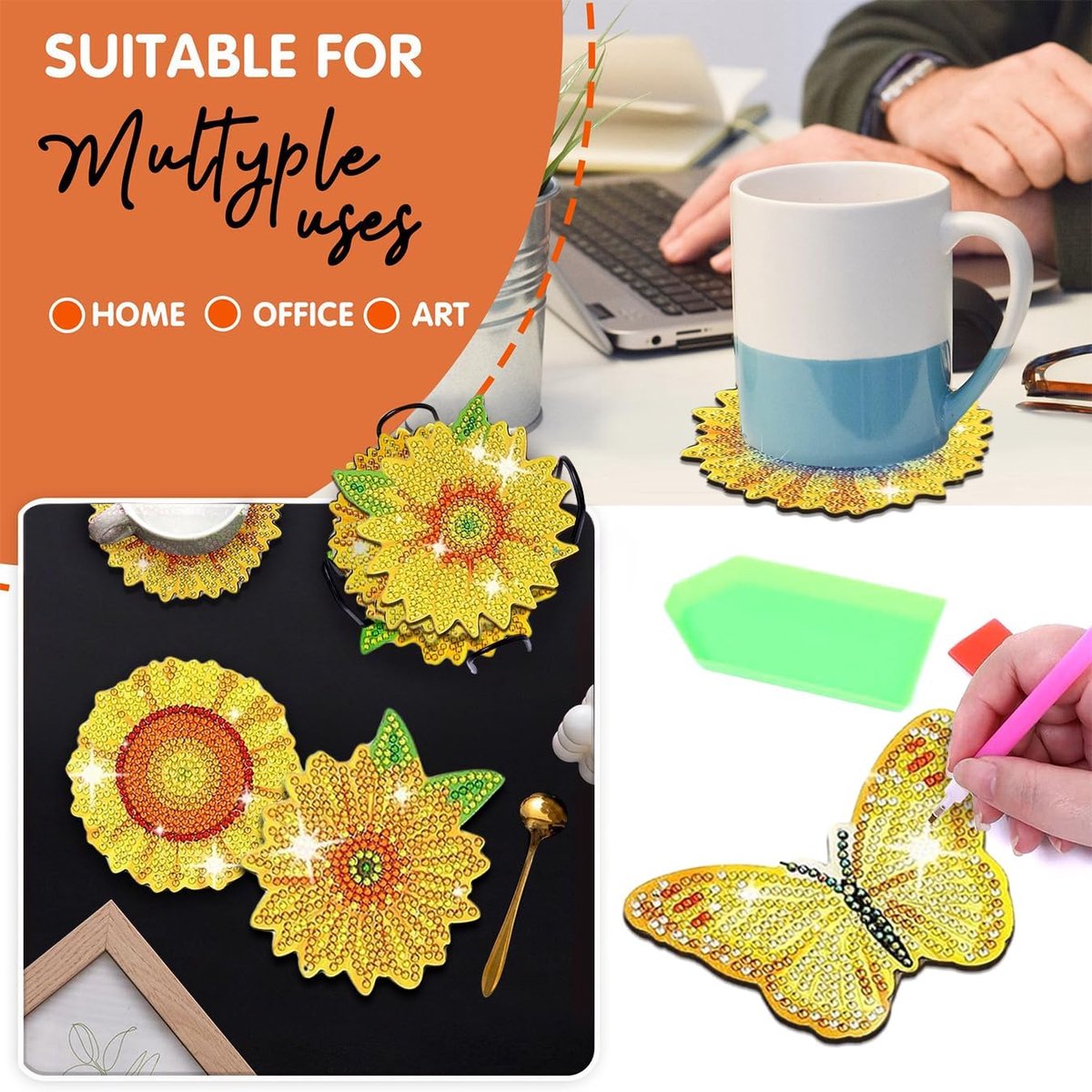 Diamantschilder Onderzetters - 10 Stuks Zonnebloem Motief - Diamantkunstset voor Volwassenen - Perfect Handwerk Cadeau voor Vader, Moeder en Familie - Ronde Houten Basis - Inclusief Accessoires - Eenvoudig en Ontspannend- Woondecoratie - Meerkleurig