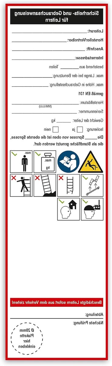 Veiligheidssticker Ladder - Gebruiksaanwijzing Sticker - Veilig Werken - Volgens EN 131 - 65 x 225 mm - Meerkleurig