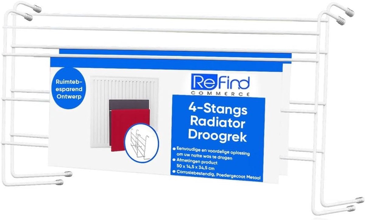 Droogrek voor radiator - Wit - 50 x 14,5 x 34,5 cm - 4-laags metalen droogrek voor kleding en wasgoed