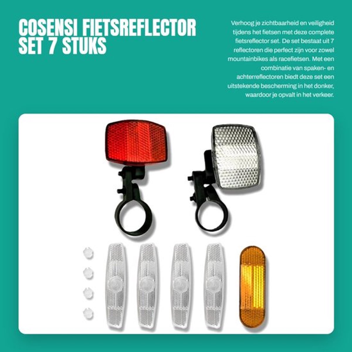 Fietsreflector Set - 1 Voorreflector 27 mm - 1 Achterreflector 22 mm - 1 Zijreflector 11.5 x 2 cm - 4 Spaakreflectoren 7.3 x 2.2 cm - Duurzaam en Veilig - Fietsverlichting
