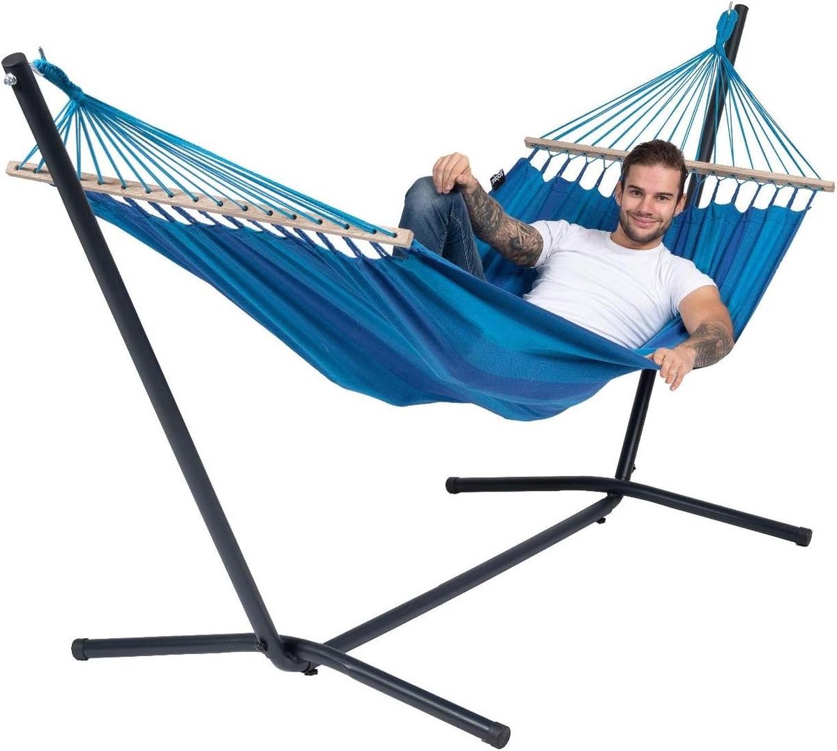 Hangmat met frame - Single hangmat - Ontspannen in de tuin - Handgemaakt in Zuid-Amerika - 120 kg belastbaar - Groen